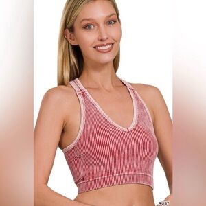 ZENANA- STONE WASHED SEAMLESS RACERBACK CROP TANK TOP W BRA LINER and PADS